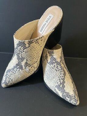 Steve Madden Women's Snake-Print Pointed Toe Mules Block Heel Beige/Black Sz 8